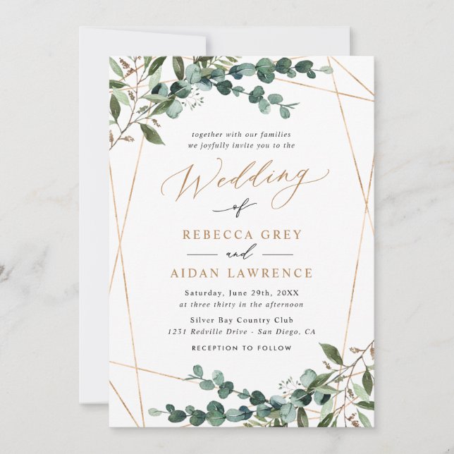 Convite Rustic Eucalyptus Greenery Gold All-in-One Wedding (Frente)