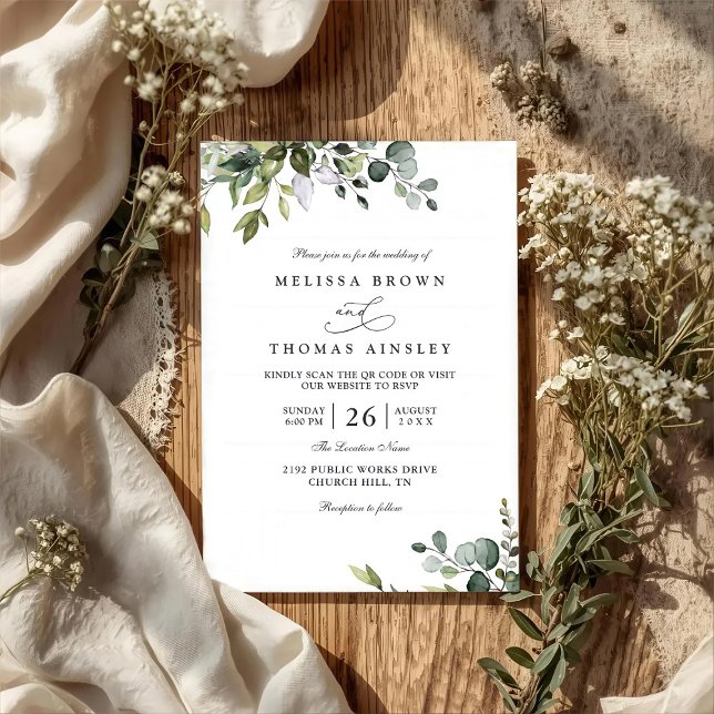 Convite Rustic Eucalyptus Leaves Greenery QR Code Wedding (Criador carregado)