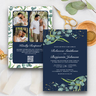 Convite Rustic Eucalyptus Photo Código QR Marinho Casament