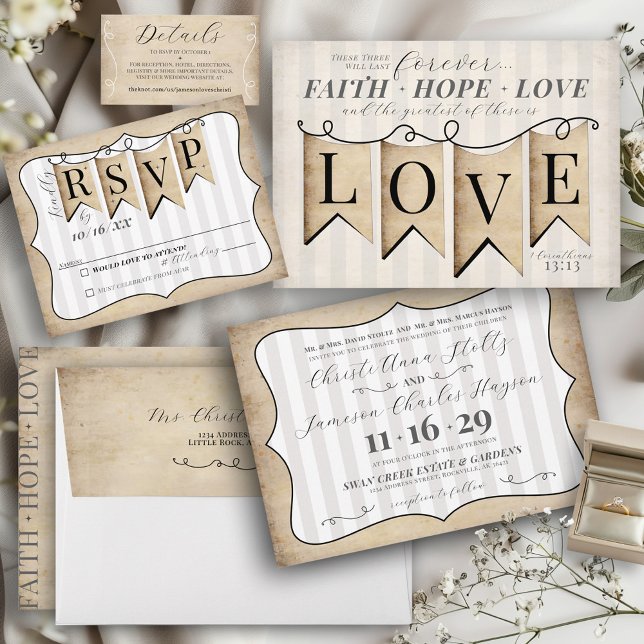 Convite Rustic Faith Hope ama Casamento Cristão Religioso (Rustic religious Christian banner Faith Hope & Love banner stripes classic wedding stationery suite)