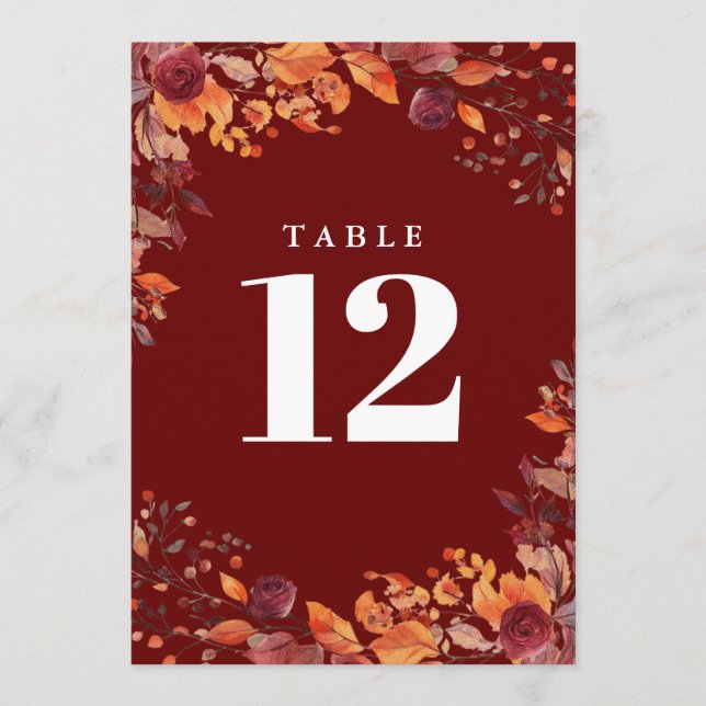 Convite Rustic Fall Autumn Floral Burgundy Table Number (Frente)