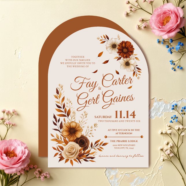 Convite Rustic Fall Burnt Sienna Beige Floral Wedding  (Criador carregado)