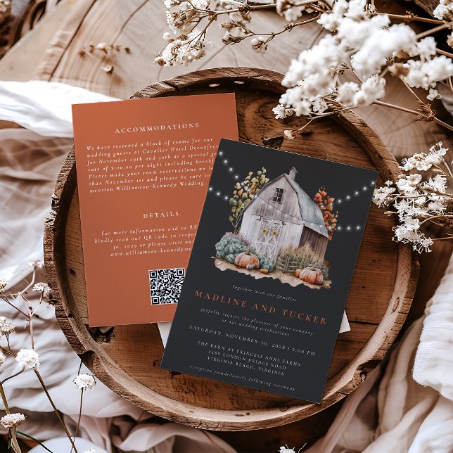 Convite Rustic Fall Country Barn acende tudo em um casamen (Fall Country Barn All in One Wedding Invitation)