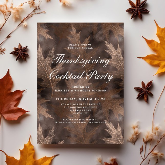 Convite Rustic Fall Deixa o Partido Cocktail de Ação de Gr (Rustic Fall Leaves Thanksgiving Cocktail Party Invitation)