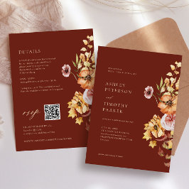 Convite Rustic Fall Floral Boho Maroon Weding QR
