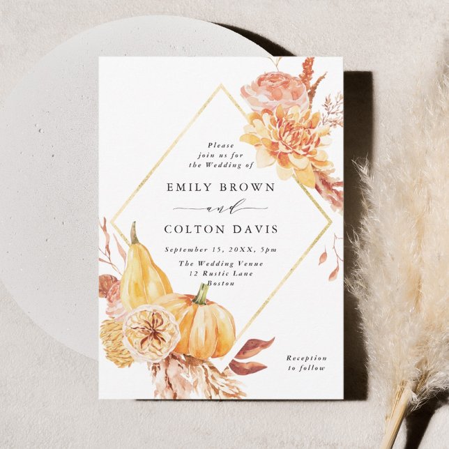 Convite Rustic Fall Gold Floral Pumpkin Wedding (Criador carregado)