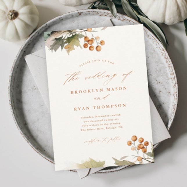 Convite Rustic Fall Greenery Deixa Casamento Foliar (An elegant and rustic fall wedding invitation with watercolor greenery leaves and foliage.)