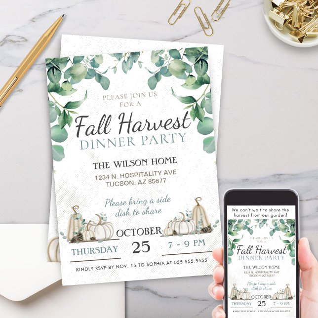 Convite Rustic Fall Pumpkin Greenery Partido Janto (Elegant Simple Rustic Charm Fall Autumn White Pumpkin Greenery Dinner Party Thanksgiving Invitation)