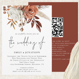Convite Rustic Fall Terracotta Florals Código QR Casamento