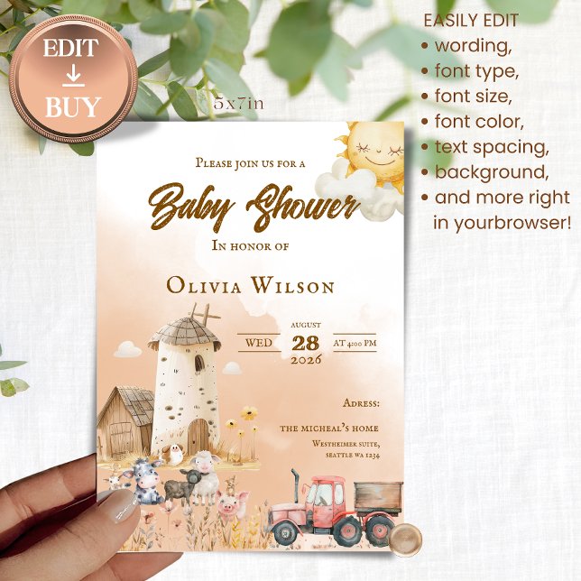 Convite Rustic Farm Animal Baby Shower Invitation (Criador carregado)