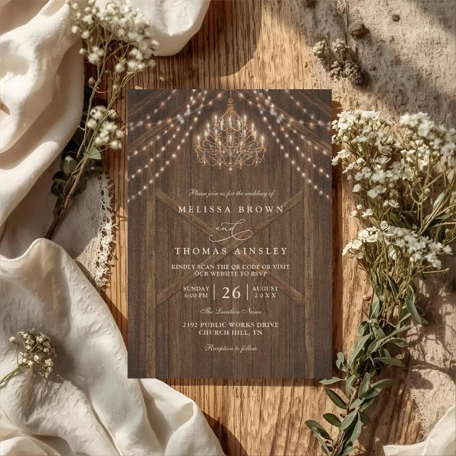 Convite Rustic Farmhouse Lights Vintage QR Code Wedding (Criador carregado)