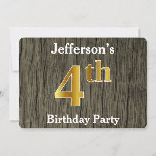 Convite Rustic, Faux Dourado 4th Birthday Party; Nome Pers