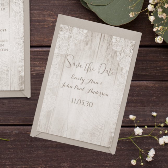 Convite Rustic Faux Lace Barn Wood Casamento Salve a Data (Criador carregado)