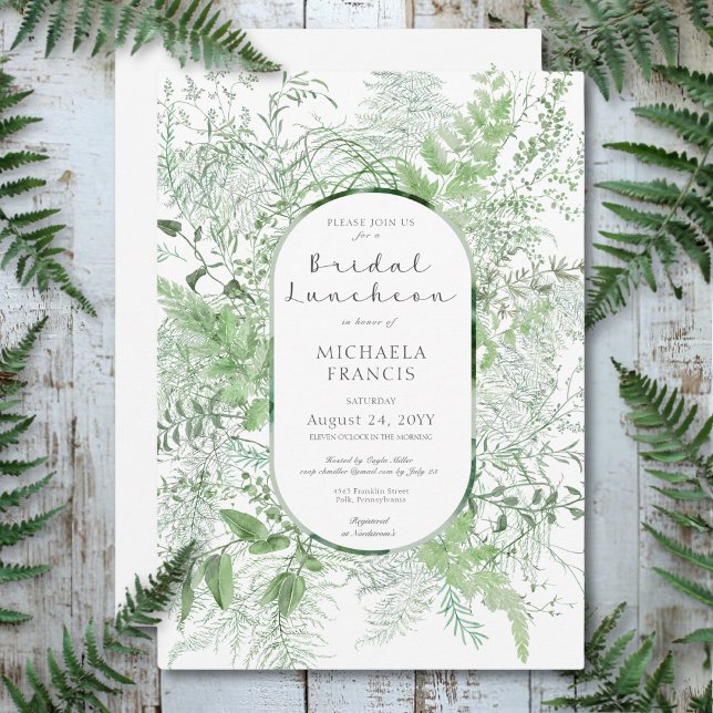 Convite Rustic Fern Green Foliage White Bridal Luncheon (Rustic Fern Green Foliage White Bridal Luncheon Invitation)