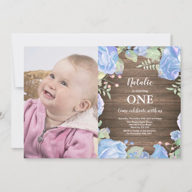 Convite Rustic First primeiro aniversario Invitation Blue  (Frente)