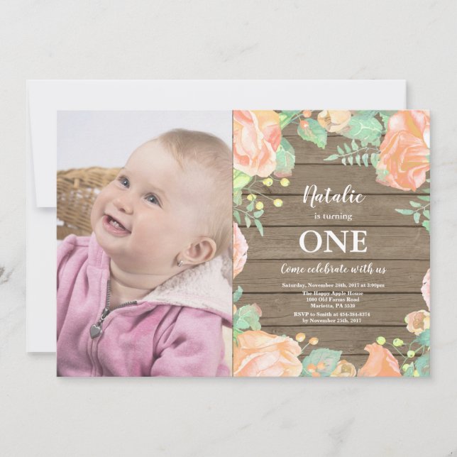 Convite Rustic First primeiro aniversario Invitation Peach (Frente)