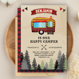 Convite Rustic Flannel One Happy Camper primeiro aniversar