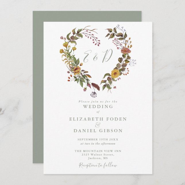 Convite Rustic Floral Código QR Modern Sage Casamento Verd (Frente/Verso)