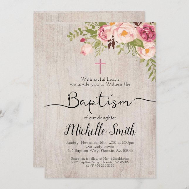 Convite Rustic Floral Country Script Boho Baptism (Frente/Verso)