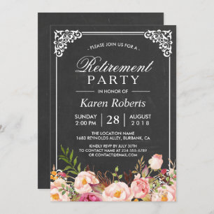 Convite Rustic Floral Elegant Chalkboard Retirement Party