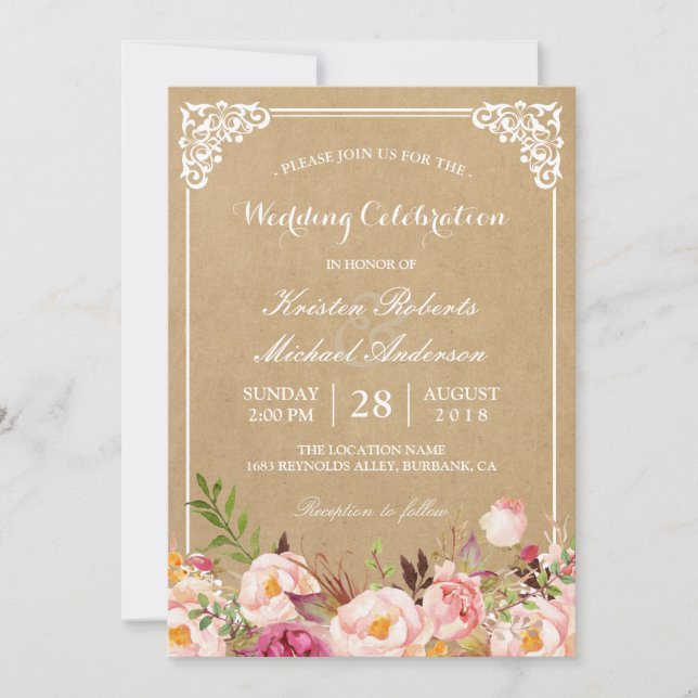 Convite Rustic Floral Frame Kraft | Celebração de Casament (Frente)