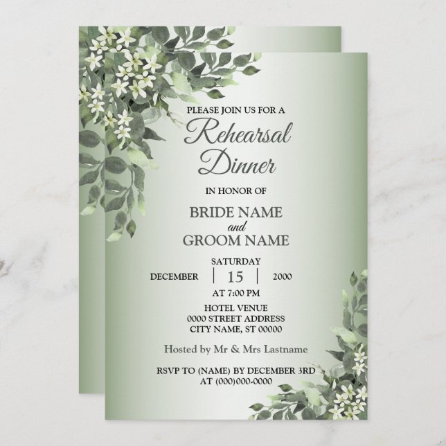 Convite Rustic Floral Greenery Leaves Rehearsal Dinner (Frente/Verso)