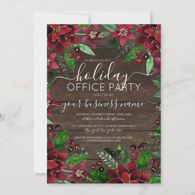 Convite Rustic Floral Holly Ivy Wood Corporate Holiday (Frente)