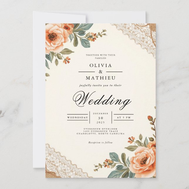 Convite Rustic Floral Lace Wedding (Frente)