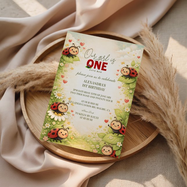 Convite Rustic Floral Lady Bug 1st Birthday (Criador carregado)