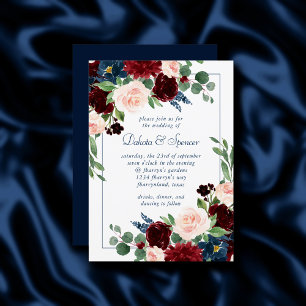 Convite Rustic Floral   Marinho Blue Burgundy Red Weds
