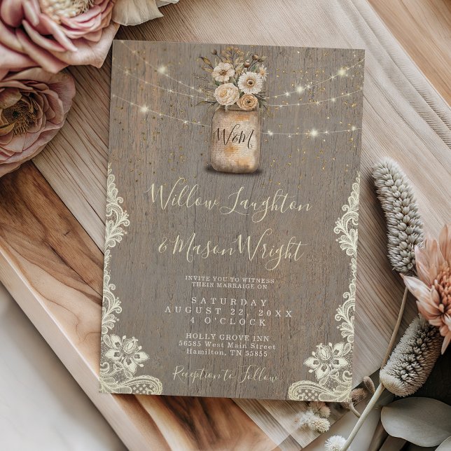 Convite Rustic Floral Mason Jar String Lights Wood Wedding (Rustic Floral Mason Jar String Lights Wood Wedding Invitation)