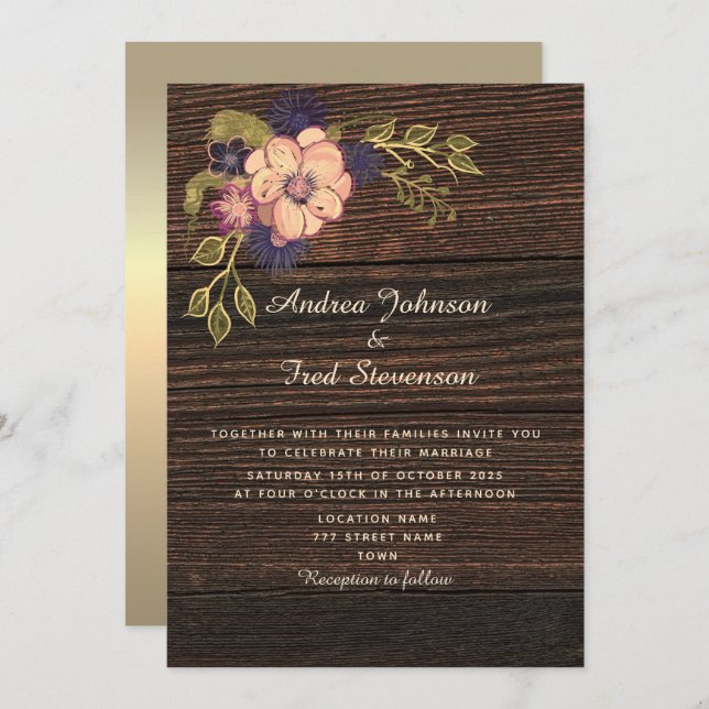 Convite Rustic Floral Para Casamento De Madeira (Frente/Verso)