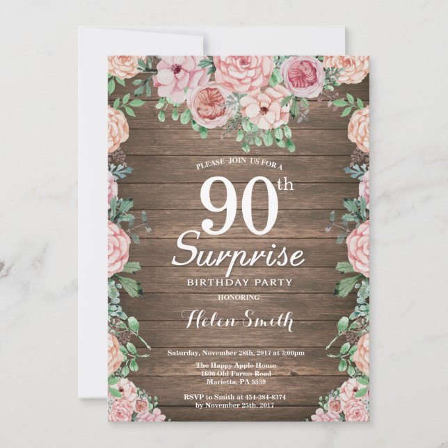 Convite Rustic Floral Pink Surprise 90 Aniversário (Frente)