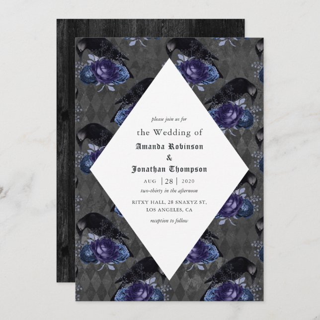 Convite Rustic Floral Raven Gothic Wedding (Frente/Verso)