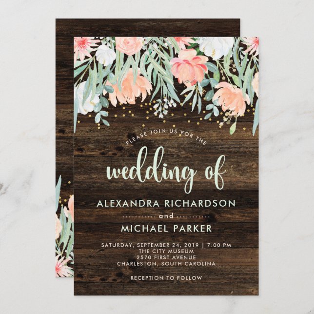 Convite Rustic Floral Romance | Casamento por Aquarela (Frente/Verso)