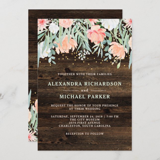 Convite Rustic Floral Romance | Casamento por Aquarela (Frente/Verso)