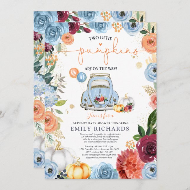 Convite Rustic Floral Twin Pumpkin Drive Por Chá de fralda (Frente/Verso)