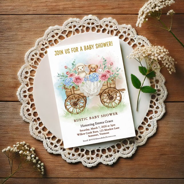 Convite Rustic Floral Wagon Baby Shower Invitation (Criador carregado)
