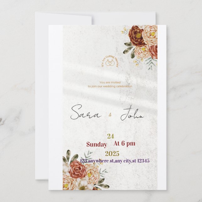 Convite Rustic Floral Wedding Invitation | Elegant Boho St (Frente)