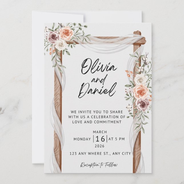 Convite Rustic Floral Wedding Invitation, Elegant Boho Wed (Frente)