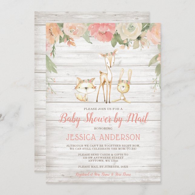 Convite Rustic Floral Woodland Girl Chá de fraldas por Mai (Frente/Verso)