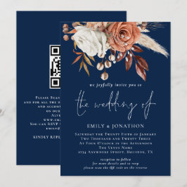 Convite Rustic Florals QR Code Casamento Azul Marinho