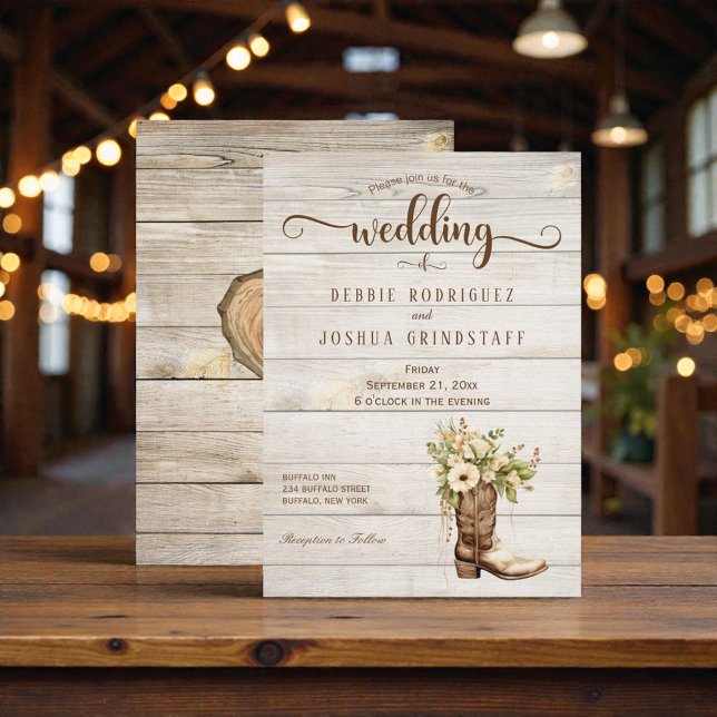 Convite Rustic Flower Boot on Wood Wedding Invitation (Criador carregado)