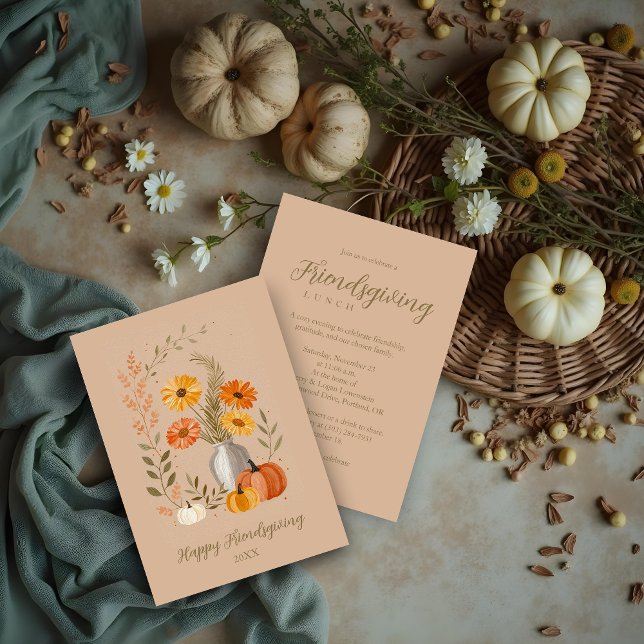 Convite Rustic Folk Art Vase Flowers Pumpkin Friendsgiving (Rustic Folk Art Vase of Flowers and Pumpkins Friendsgiving Party Invitation Cards. )