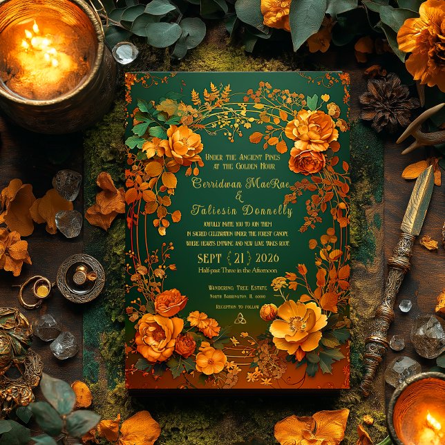 Convite Rustic Forest Green Floral & Gold Autumn Wedding (Elegant Enchanting Autumn Druid Hill Wedding invitation )