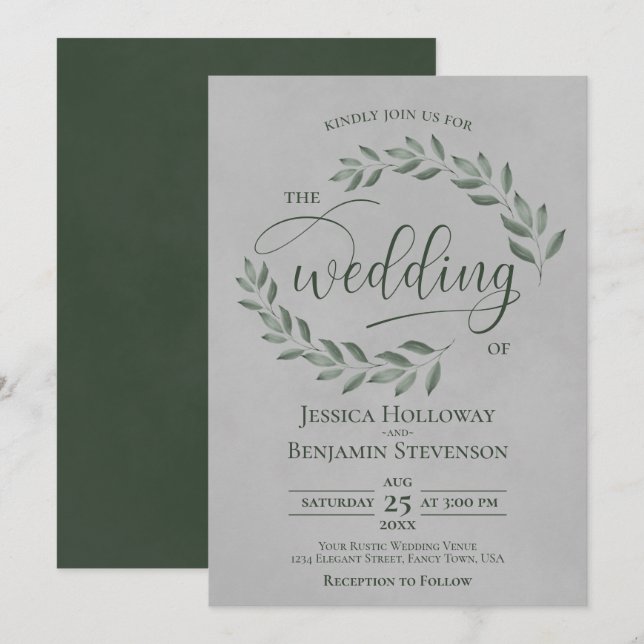 Convite Rustic Forest Green Leaves Elegant Gray Wedding (Frente/Verso)