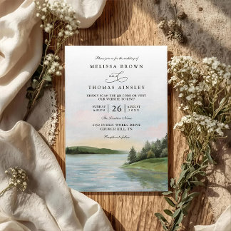 Convite Rustic Forest Lake Landscape QR Code Wedding
