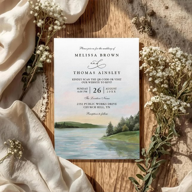 Convite Rustic Forest Lake Landscape QR Code Wedding (Criador carregado)