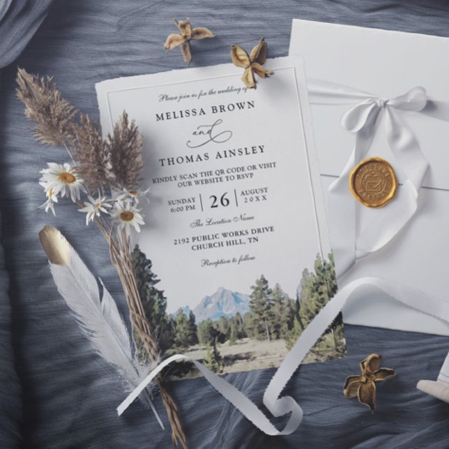 Convite Rustic Forest Mountain Skyline QR Code Wedding (Criador carregado)