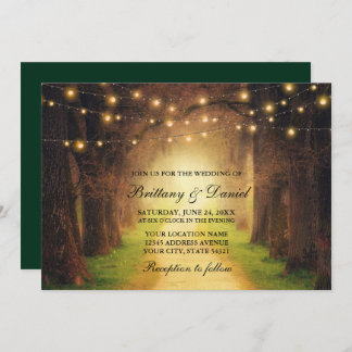 Convite Rustic Forest Path String Luzes de Casamento Verde